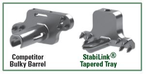 Image of the competitor's bulky barrel insert on left with the laminar lock tapered design on right.
