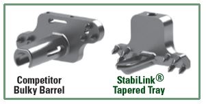 Image of the competitor's bulky barrel insert on left with the laminar lock tapered design on right.